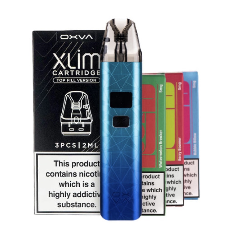 Blue Vape Mod with a Digital Display Flanked by Xlim Cartridge Packaging and Colorful Pod Cartridges Showcasing a Complete Vaping Kit - Australia E-cigarette Store