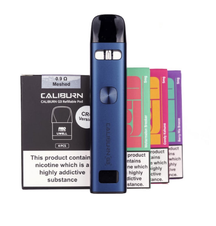 Blue Caliburn G3 Refillable Vape Device with Multiple Colored Pod Packs in the Background Including a Nicotine Warning Label on the Box Behind It - Australia E-cigarette Store