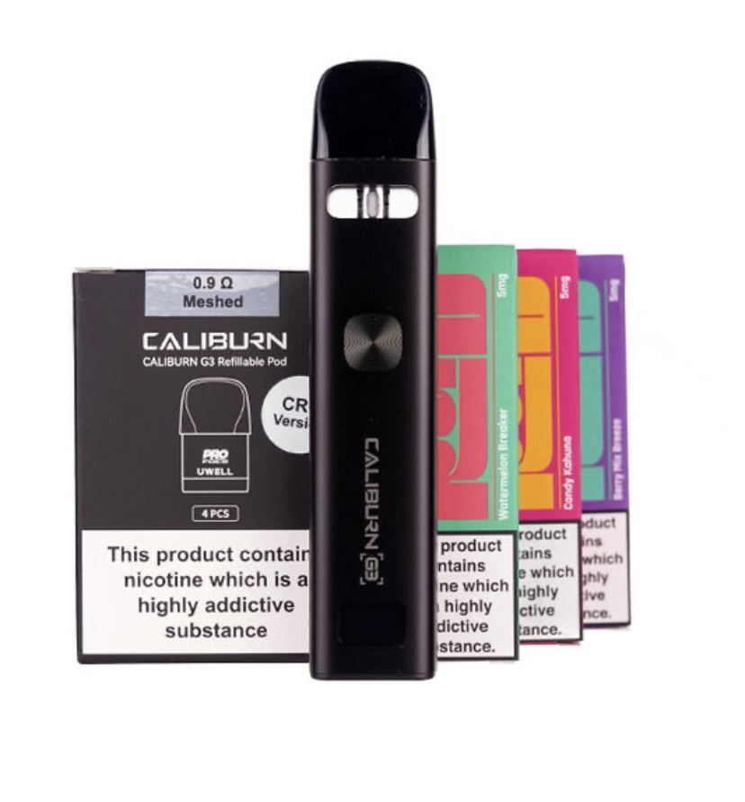 Caliburn G3 Vape Pen with Refillable Pod and Five Colorful Flavor Cartridges Plus Nicotine Warning Label Visible on the Box Behind It - Australia E-cigarette Store