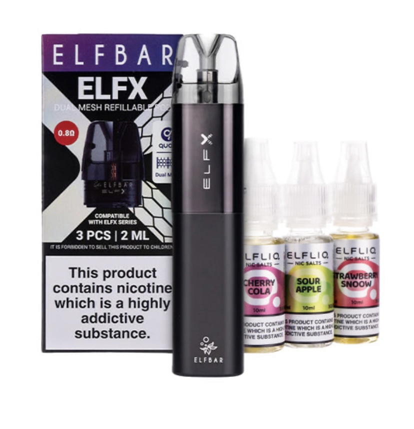 Elfbar Elfx Refillable Pod Kit with a Black Device and Three 10ml Nicotine Salt Bottles cherry Cola Sour Apple Strawberry Snow - Australia E-cigarette Store