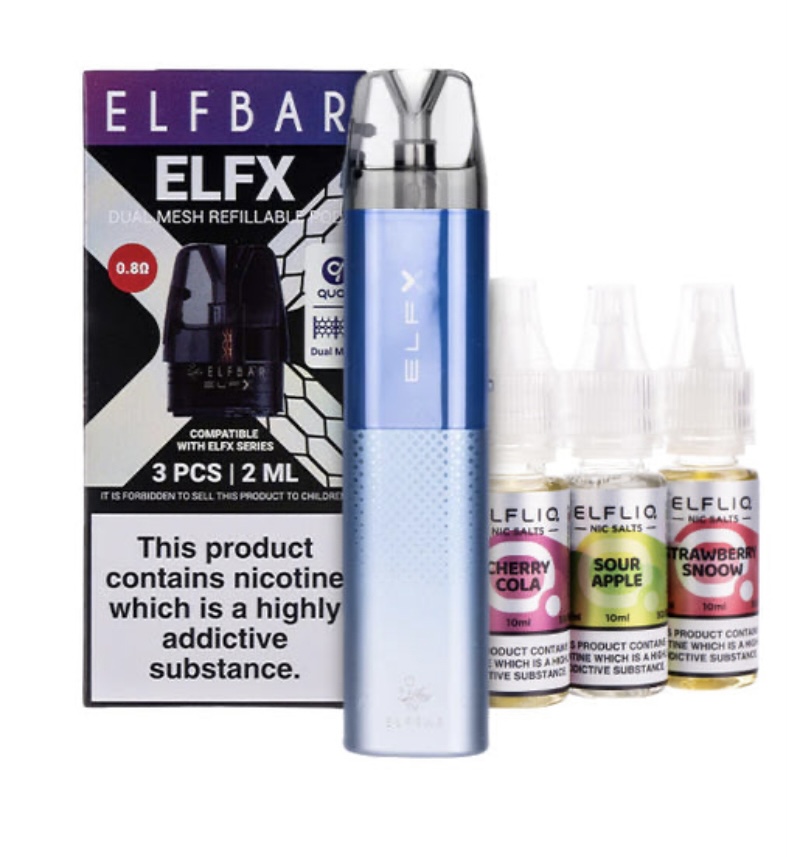 Elf Bar Elfx Disposable Vape with a Blue Body and Three Small E-liquid Bottles Labeled Cherry Cola Sour Apple and Strawberry Snow Beside It - Australia E-cigarette Store