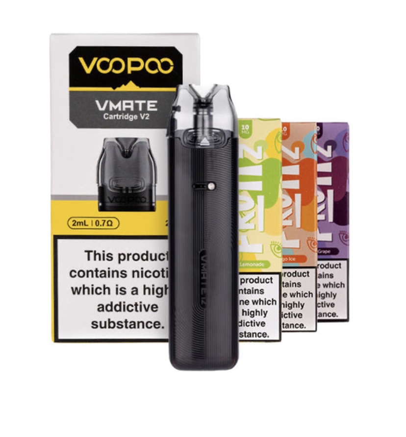 Voopoo Vmate Vape Device with Pod Cartridge and Colorful Flavor Boxes Behind It Nicotine Warning Visible on the Packaging - Australia E-cigarette Store