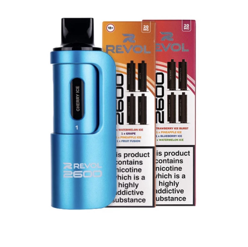 Blue Vape Pod Device with Two Revol Flavor Boxes Behind It Showing the Nicotine Warning - Australia E-cigarette Store