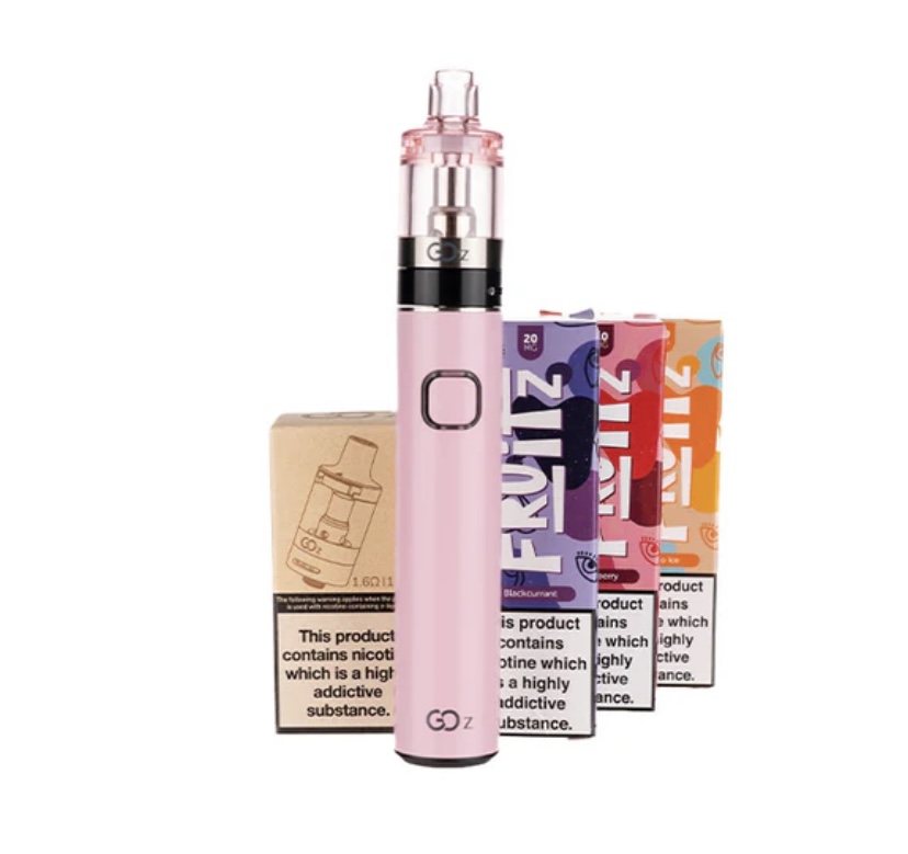 Pink vape pen with clear tank and silver accents, standing upright beside assorted colorful e-liquid boxes in the background, for a vaping product listing.