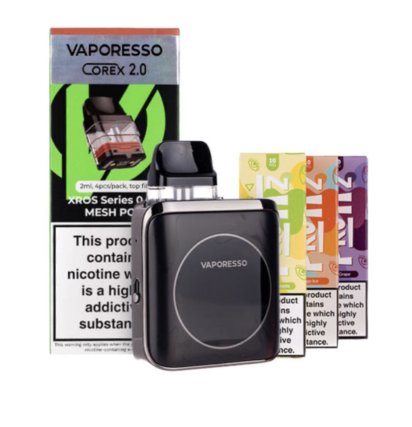 Vaporesso Corex 20 Vape Device with Black Rectangular Pod Mod Alongside Its Packaging and Four Colorful E-liquid Boxes in the Background - Australia E-cigarette Store