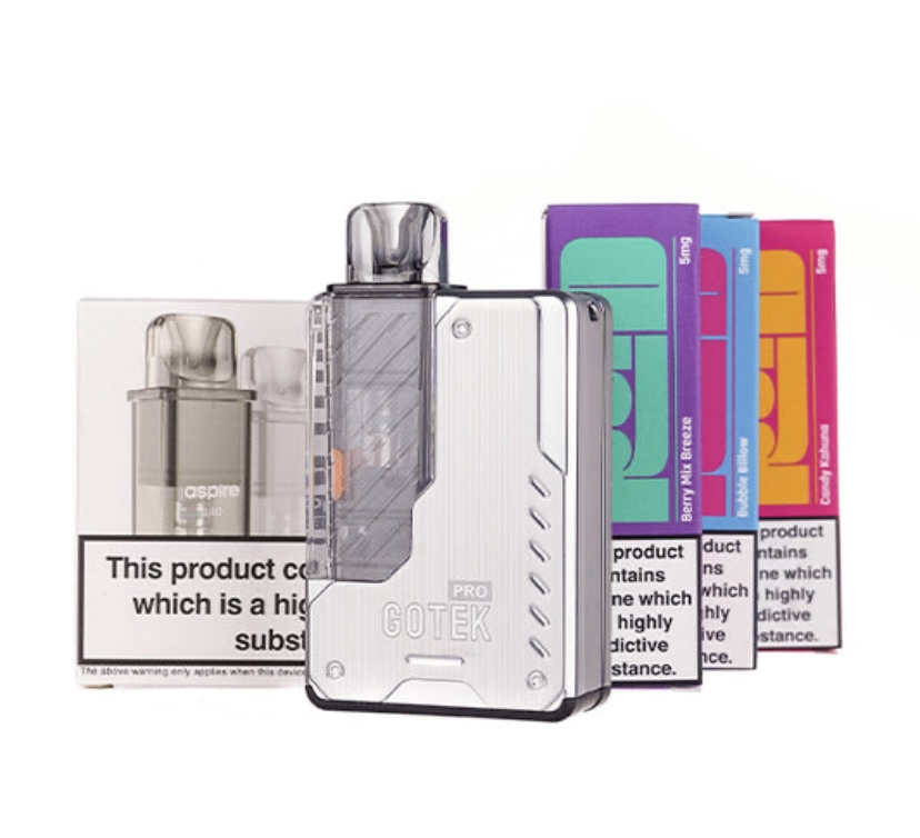 Gotek Pro vape device with a transparent chamber and four colorful flavor boxes in the background
