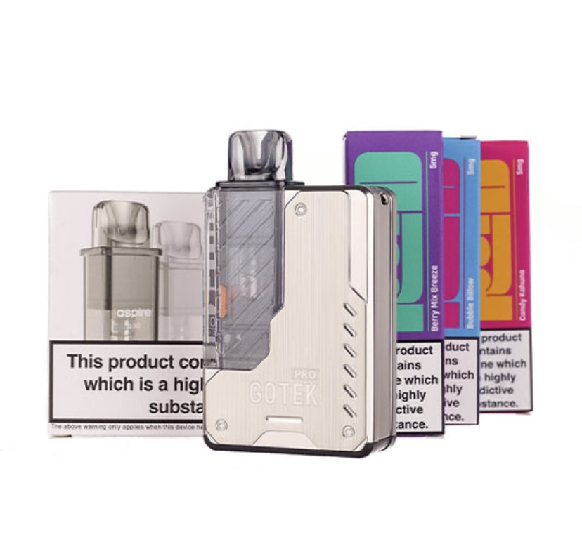 Gotek Pro vape mod with detachable pod, silver body, shown next to colorful e-liquid boxes in purple, green, blue, and pink.