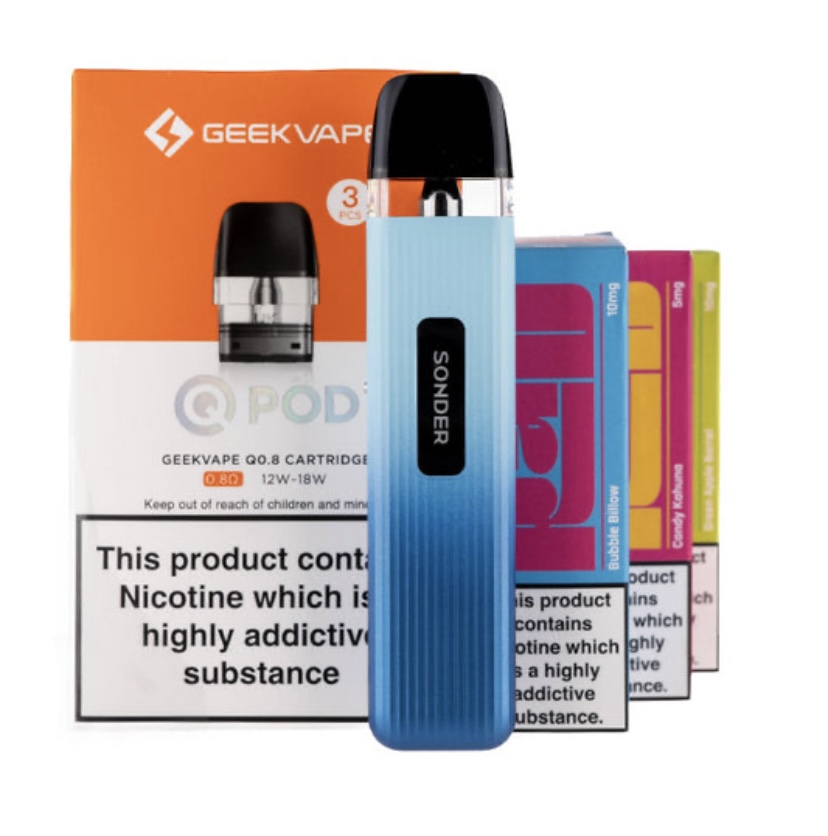 Blue Pod Vape Device with a Black Mouthpiece in Front of Orange Geekvape Packaging and Colorful Replacement Pods Nicotine Warning Label Visible on the Boxpackaging - Australia E-cigarette Store