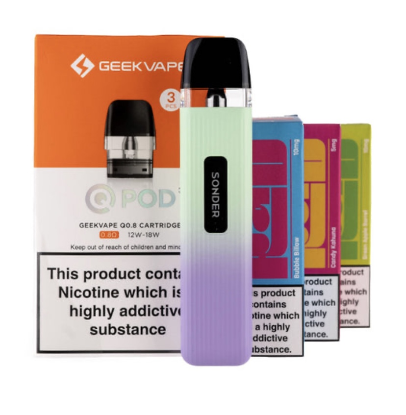 Pod Vape Device with a Pastel Gradient Finish Placed in Front of Colorful Replacement Pods and a Nicotine Warning Box Behind It - Australia E-cigarette Store