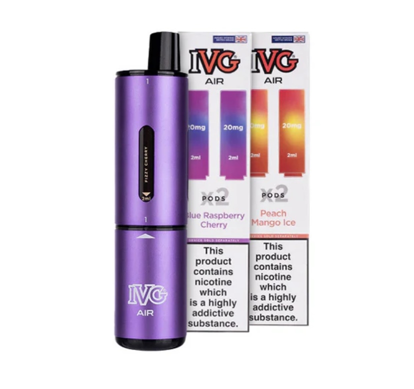 Purple IVG Air vape pen beside two pod boxes labeled Blue Raspberry Cherry and Peach Mango Ice; includes nicotine warning on the packaging.