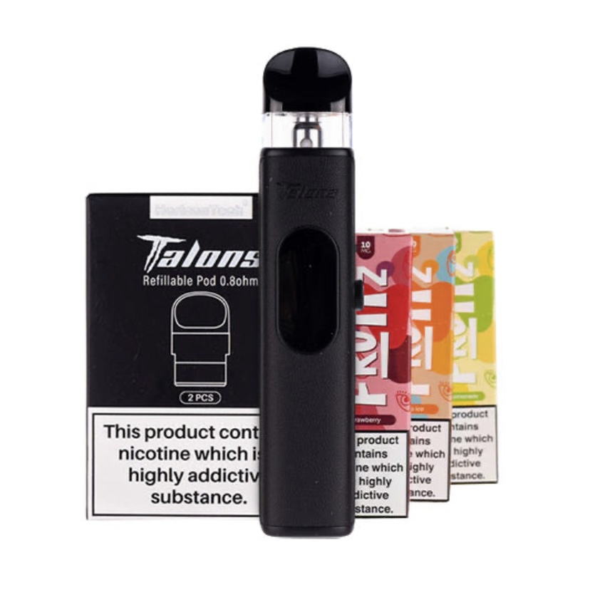 Black Refillable Vape Pod System with a Top-fill Cartridge Shown with Its Boxed Pods in the Background and Colorful Packaging on the Side - Australia E-cigarette Store