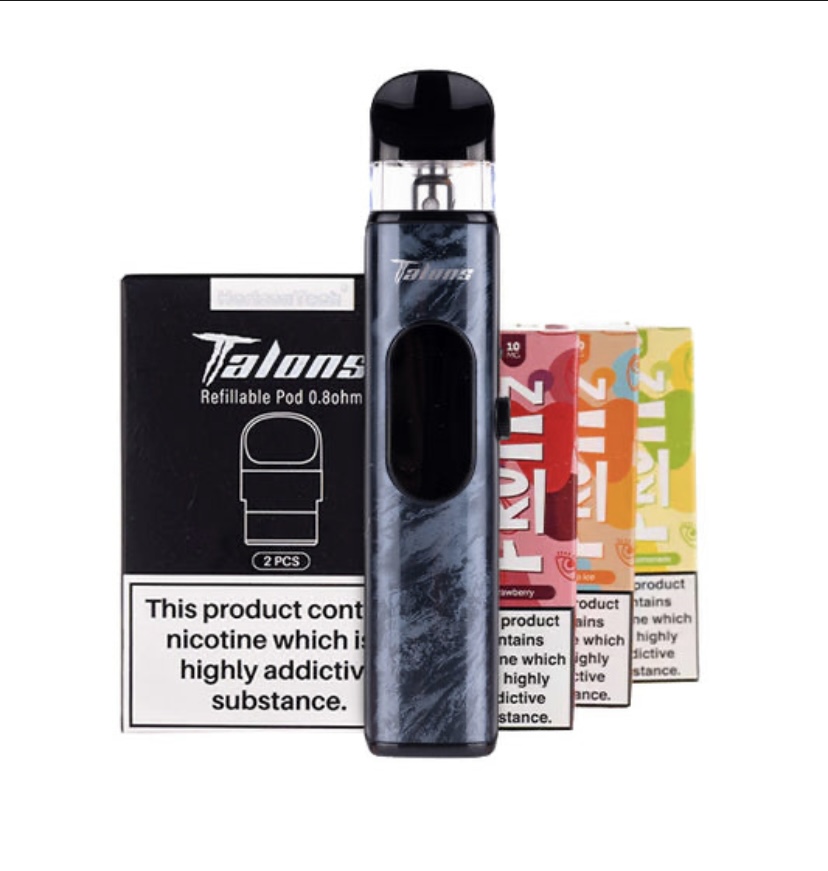Refillable Pod Vape Device Standing Upright with Colorful E-liquid Boxes in the Background Portrait Orientation - Australia E-cigarette Store