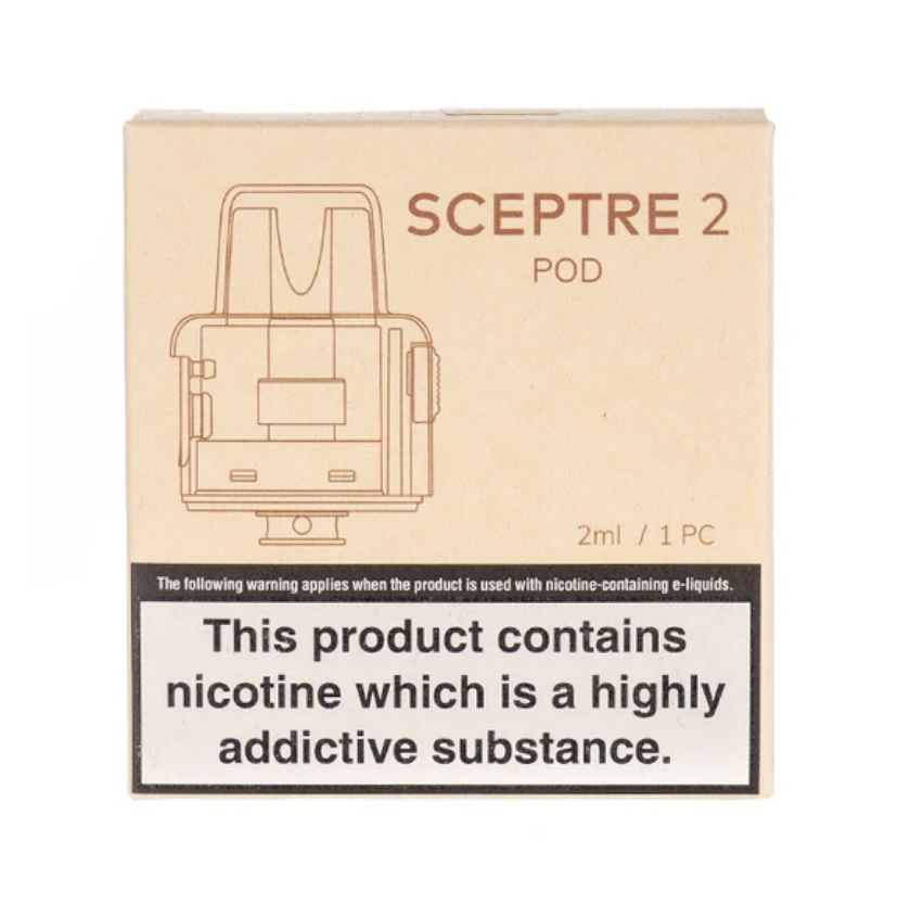 Box for Sceptre 2 Pod Vaping Device Showing Line Drawing of the Pod and a Nicotine Warning Label on the Front - Australia E-cigarette Store