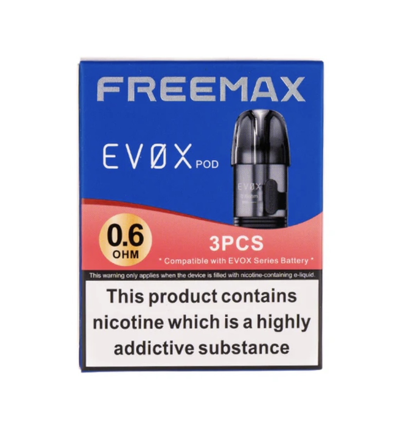 Freemax Evox Pod 06 Ohm 3-pack Vape Pod Box with Bold Blue and Red Design and Nicotine Warning Label - Australia E-cigarette Store