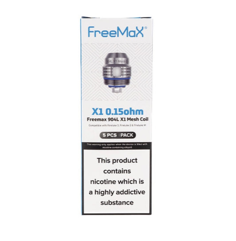 Freemax X1 015 Ohm Mesh Coil Pack 5 Pcs for Freemax Vape Devices Shows Product Box with Coil Image and Nicotine Warning - Australia E-cigarette Store
