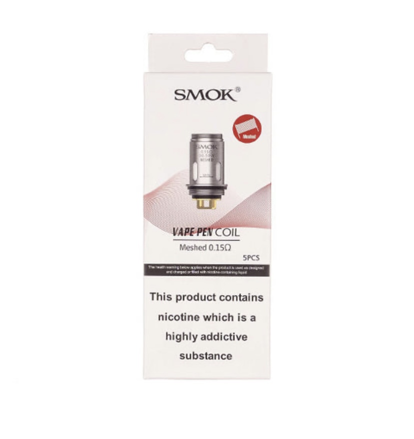 Box Packaging for Smok Vape Pen Coil 015 Ohm Meshed Coil Showing a Nicotine Warning on the Front 5 Pcs Included White with Pink Wave Design - Australia E-cigarette Store