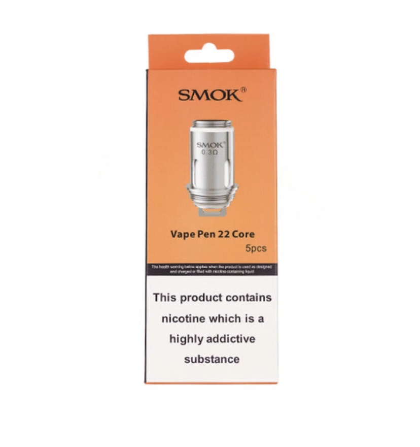 Front of Smok Vape Pen 22 Core Box orange Showing the Product Image and 5pcs with a Nicotine Addiction Warning - Australia E-cigarette Store