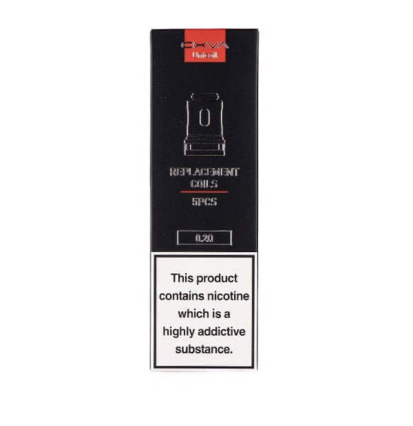 Black Vape Coil Package Labeled Replacement Coils 5 Pcs 02Ω with a Bold Nicotine Warning this Product Contains Nicotine Which is a Highly Addictive Substance - Australia E-cigarette Store