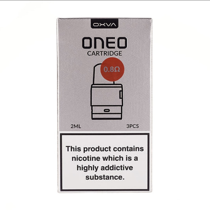 Oxva Oneo Cartridge Packaging 08Ω Coil 2 Ml 3 Pcs with Nicotine Warning Label at Bottom of Box - Australia E-cigarette Store