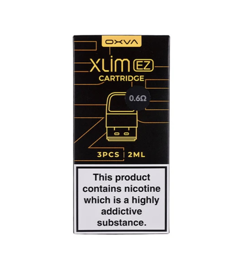 Oxva Xlim Ez Cartridge Box in Black and Yellow with a 06g Disc Showing 3pcs 2ml and a Nicotine Warning Label Beneath - Australia E-cigarette Store