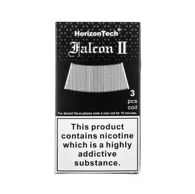 Package of Horizontech Falcon Ii 3-pack Coil with Nicotine Warning Label on Bottom Reading this Product Contains Nicotine Which is a Highly Addictive Substance - Australia E-cigarette Store