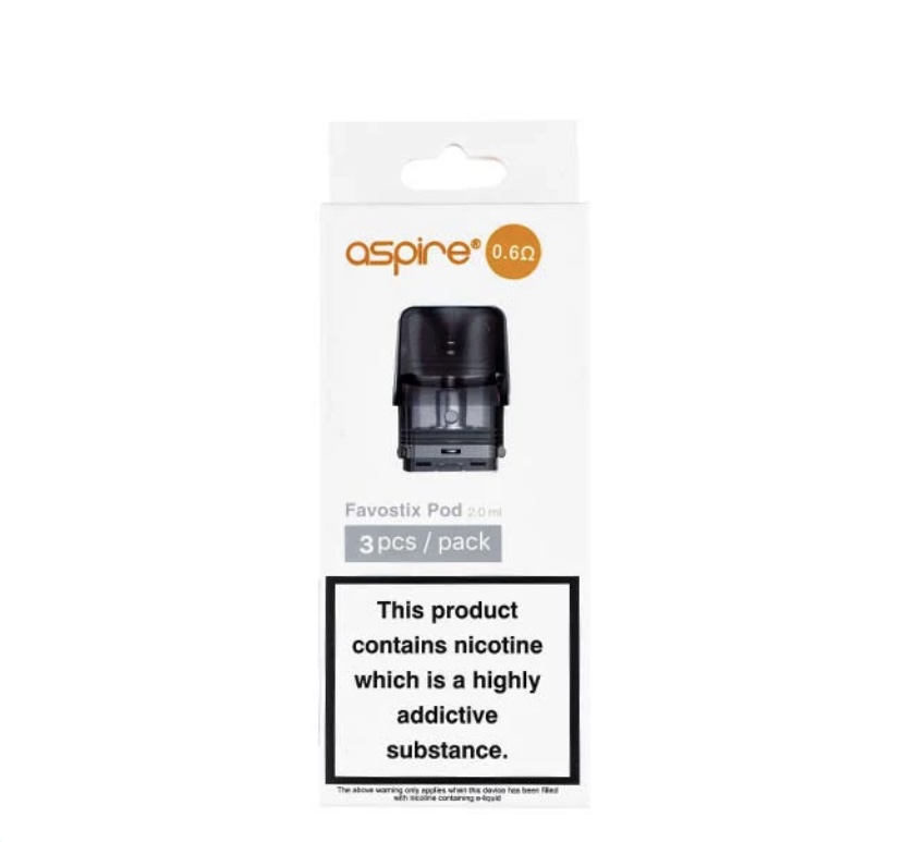 Aspire Favostix Pod packaging showing 3 pods per pack and a nicotine warning label at the bottom, with the Aspire logo and 0.6Ω indicator above the pod image.