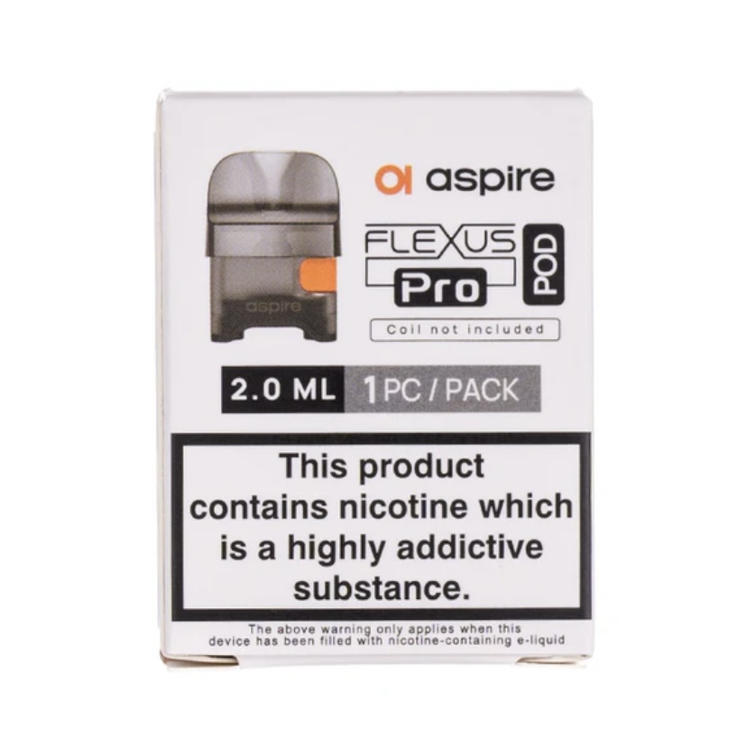 Packaging for Aspire Flexus Pro Pod vape, showing 2.0 mL capacity and nicotine warning.