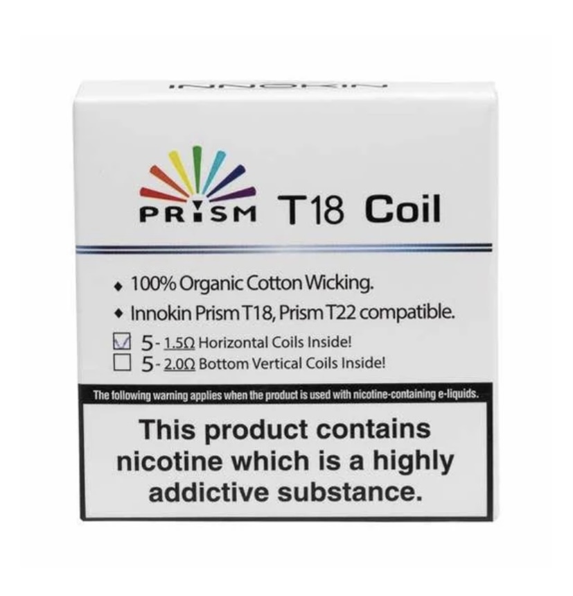 Box Labeled Prism T18 Coil for Vaping with Rainbow Logo Lists 100 Organic Cotton Wicking and Coil Compatibility Plus Nicotine Warning - Australia E-cigarette Store