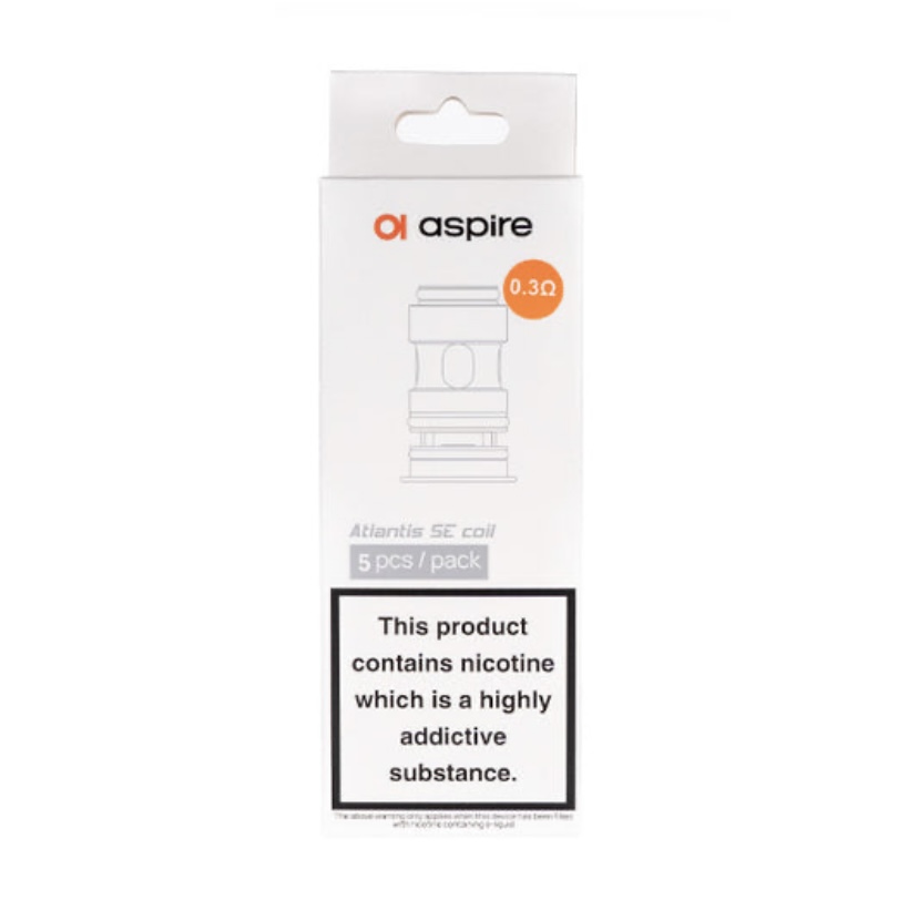 Aspire Atlantis SE coil package, 0.3Ω, 5 coils per pack, with nicotine warning on the label.