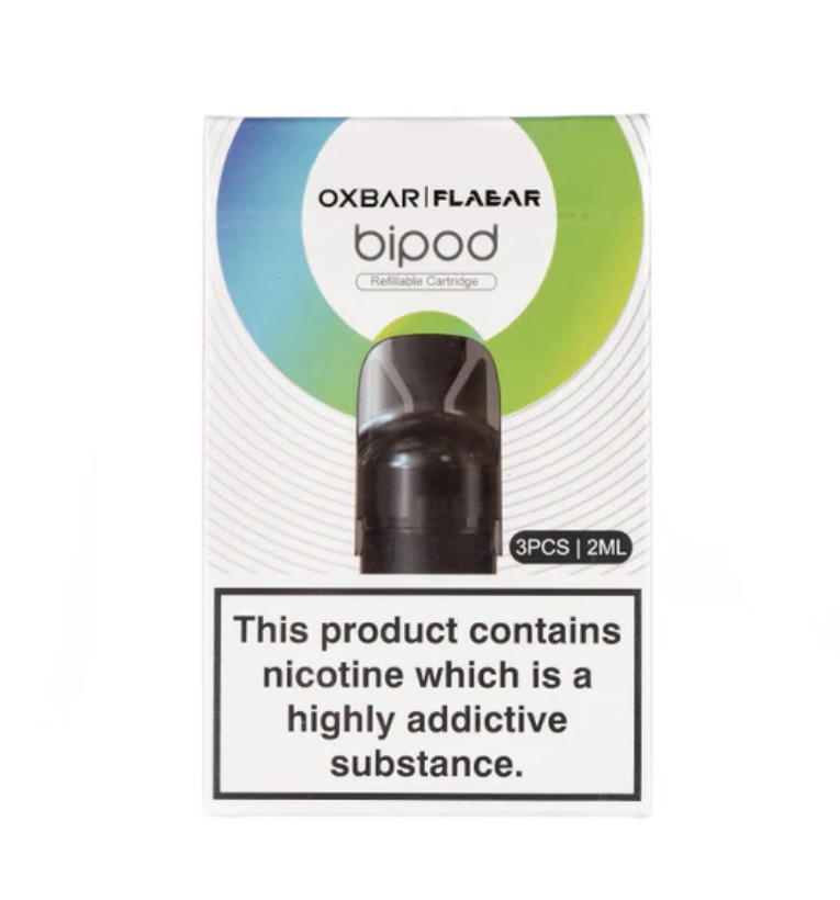 Packaging for a Nicotine Vaping Cartridge White Box with Blue-green Circular Design Labeled oxbar Flavbar Bipod Reliable Cartridge and a Black Cartridge Image Warning Text Below - Australia E-cigarette Store