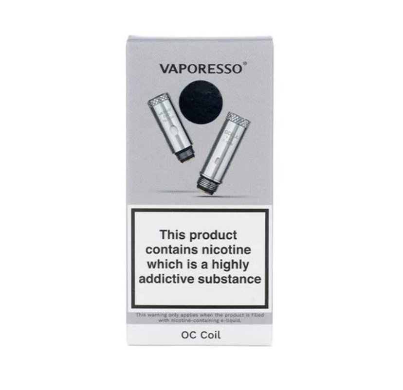 Vaporesso Oc Coil E-liquid Packaging with Nicotine Warning Label Showing Two Metal Coils and a Black Circle Design on Gray Box - Australia E-cigarette Store
