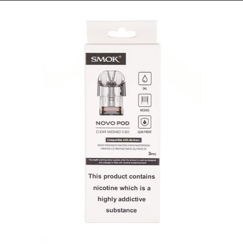Front of Smok Novo Pod Vape Packaging Showing the Pod Image and a Nicotine Addiction Warning Label - Australia E-cigarette Store