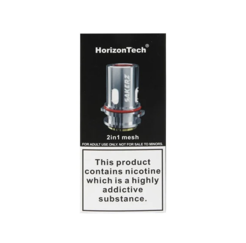 Horizontech 2in1 Mesh Vape Tank Displayed on Black Packaging with a Nicotine Warning Label Below - Australia E-cigarette Store