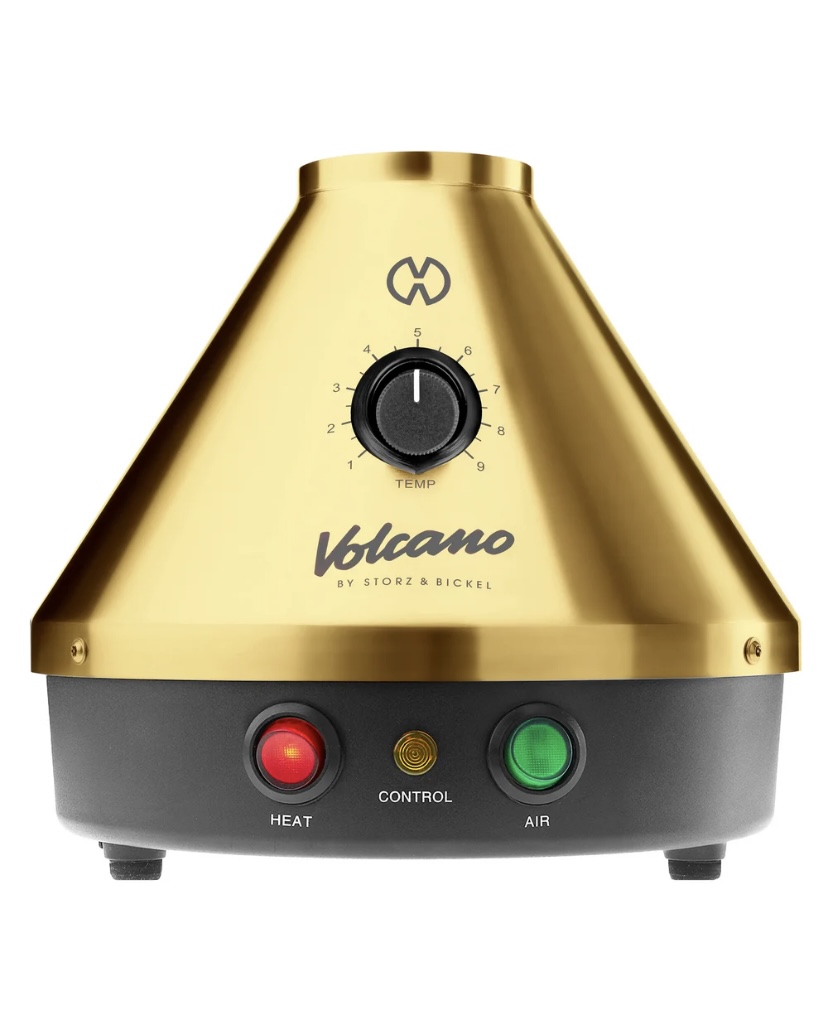 Gold Volcano Vaporizer with a Black Base Showing the Temperature Dial and Red Heatgreen Air Indicator Lights on the Front Panel - Australia E-cigarette Store