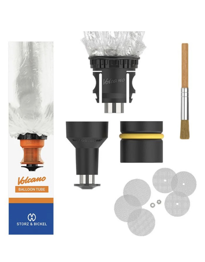 Volcano Balloon Kit Components Laid Out Orange Valve Black Adapters Clear Plastic Bag Yellow-ring Seal Brush and Several Silver Filter Discs with Washers Nearby - Australia E-cigarette Store