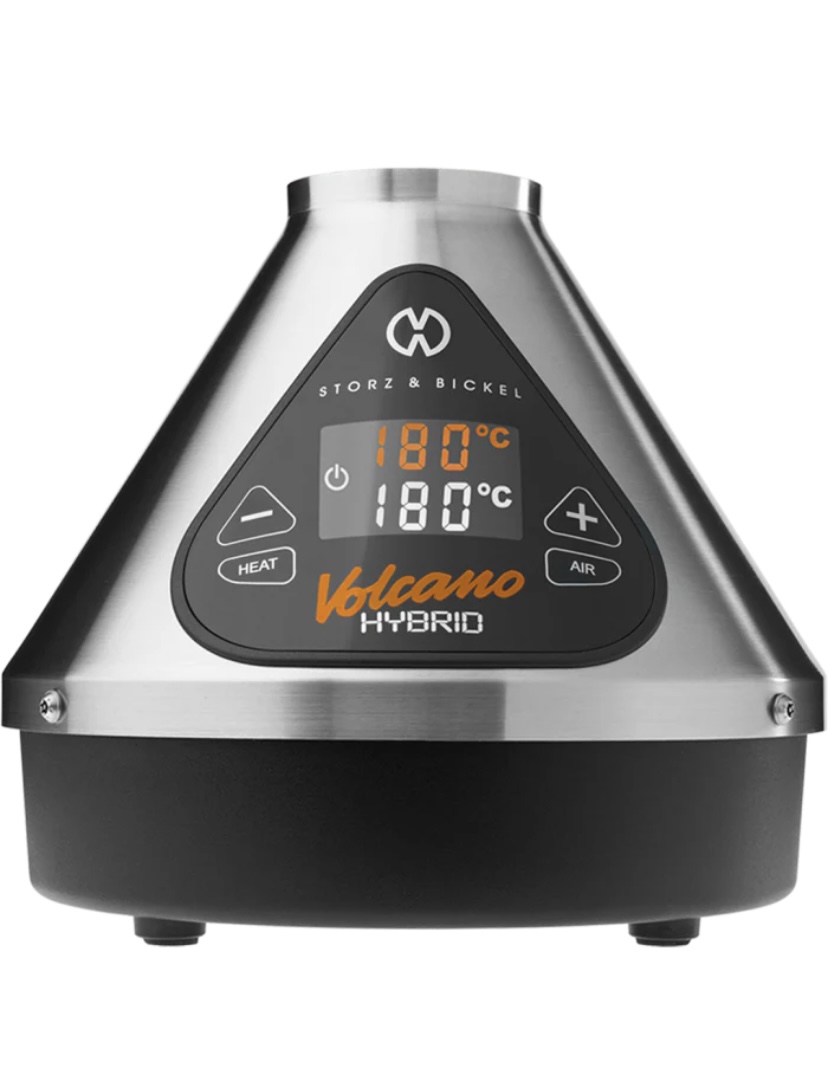 Volcano Hybrid desktop vaporizer with stainless steel body and digital temperature readout showing 180°C