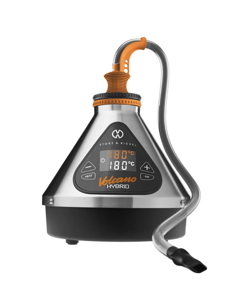 Volcano Hybrid desktop herb vaporizer with digital display and orange mouthpiece attached to a flexible hose