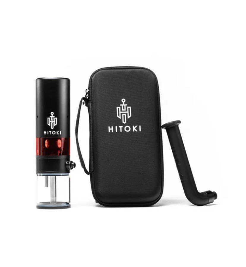 Hitoki Laser-powered Smoking Device with Glass Chamber and Red Heat Capsule Beside a Black Hitoki Carrying Case and Curved Mouthpiece - Australia E-cigarette Store