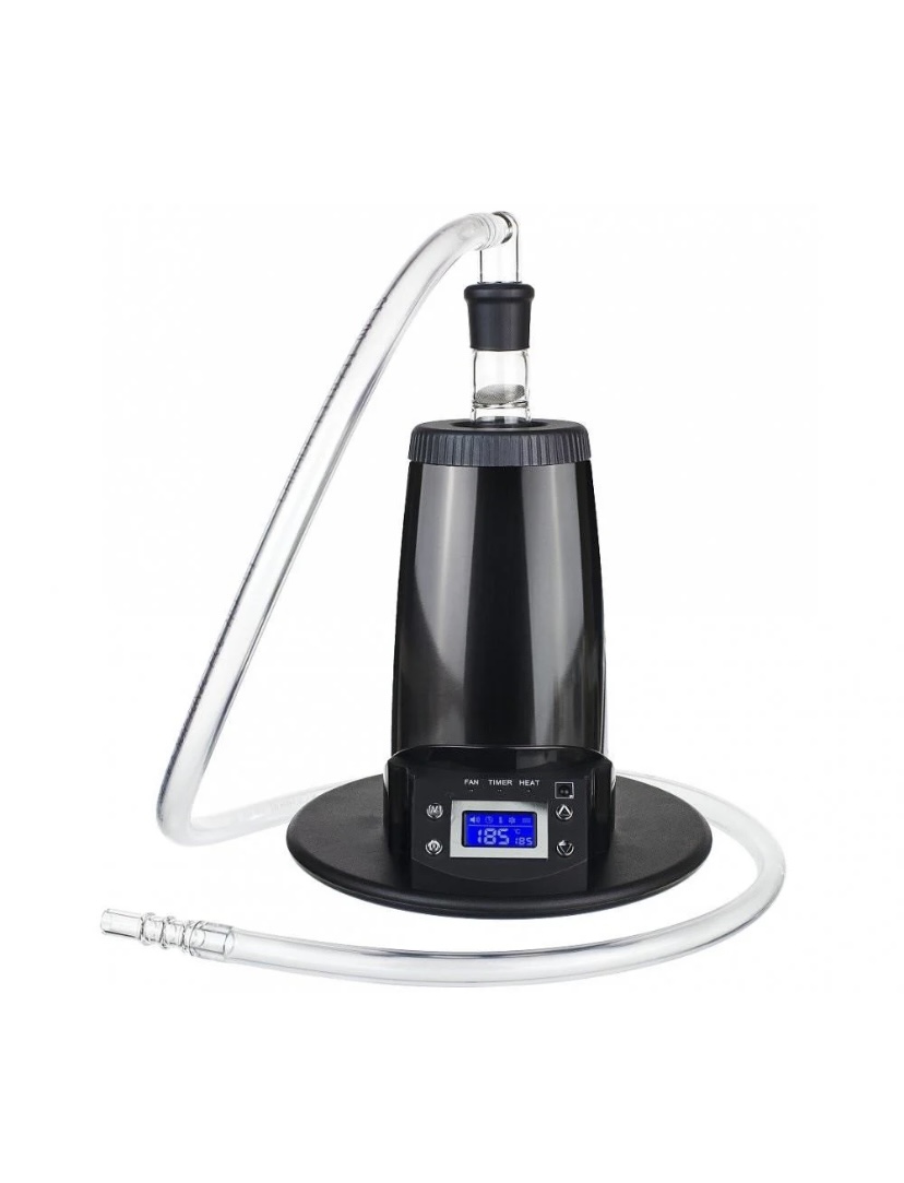Electric dab rig with a blue LCD display, black base, and clear glass wand connected by a long tube.