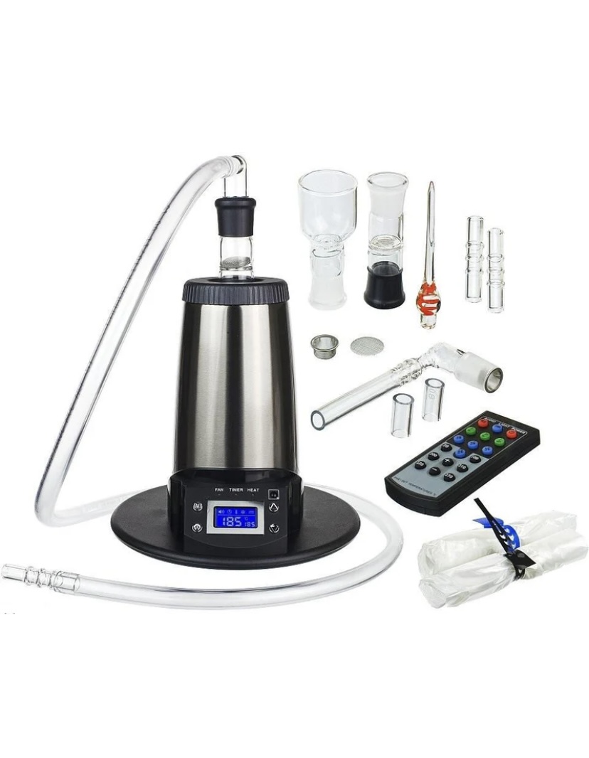 All-in-one home distillation kit with stainless steel boiler, clear tubing, glass collection heads, and accessories including a remote control.