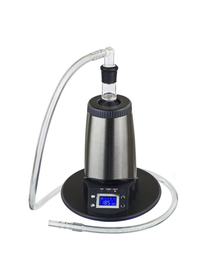Electric oil extractor with stainless steel body, glass column, clear tubing, and a digital display showing 185°F.