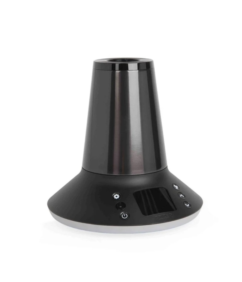 Black cone-shaped aroma diffuser on a circular base with control buttons and display area