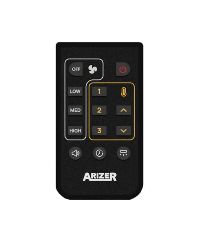 Arizer remote control in black with a left vertical LOW/MED/HIGH selector, a numeric 1–3 keypad with up/down arrows, temperature icon, and a red power button at the top-right.