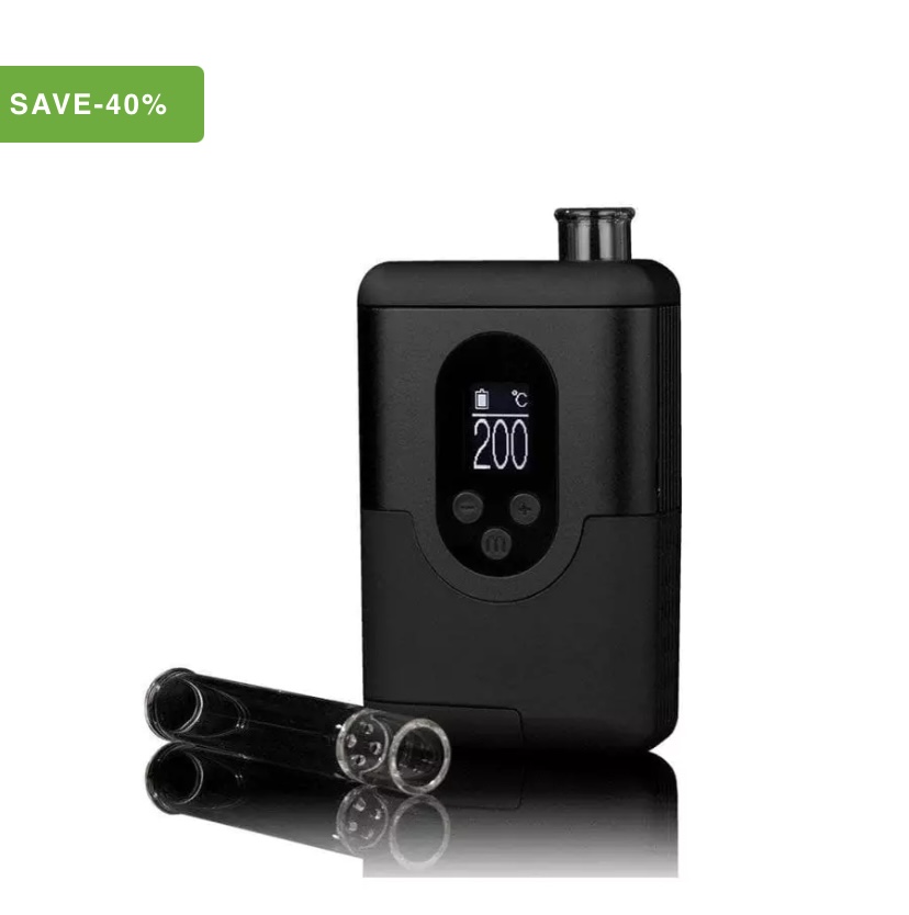 Portable Temperature-controlled Device with a Digital Display Reading 200°c Two Rounded Control Buttons and Glass Tubes Nearby White Background with a Green save-40 Badge in the Corner - Australia E-cigarette Store