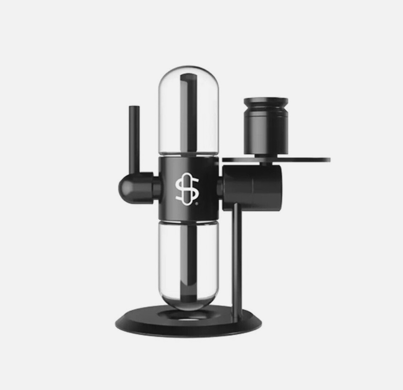 Laboratory Glass Apparatus on a Stand with Two Vertical Glass Tubes and a Central Black Connector - Australia E-cigarette Store