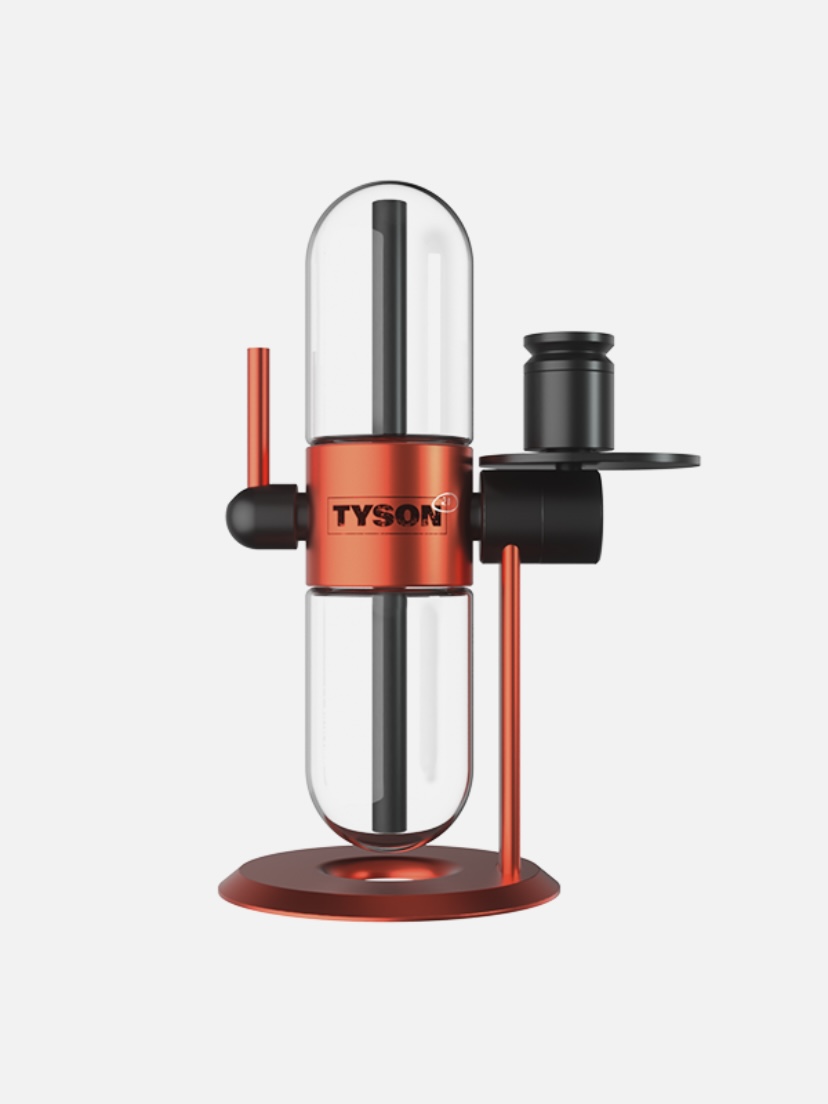Red TYSON lab device with glass vertical tubes and black fittings mounted on a red stand base.