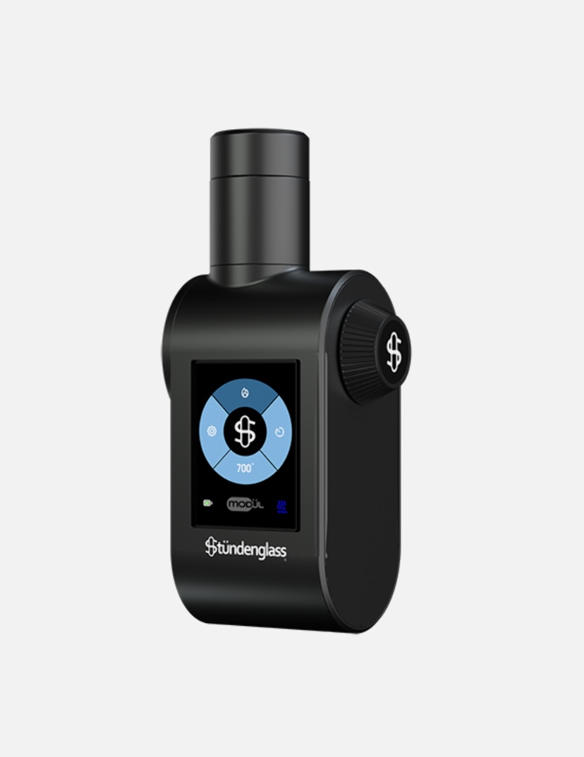 Black Electronic Smoking Device with a Round Blue Display and a Large Adjustment Dial on the Side Branded Stündenglass Shown from a Slight Angle Against a Light Background - Australia E-cigarette Store