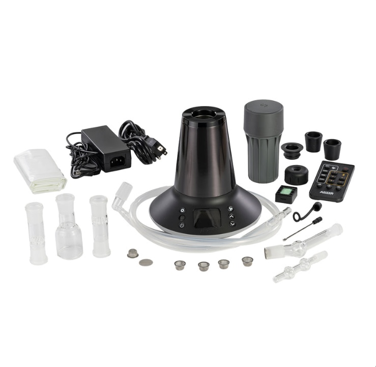 All-in-one Electronic Vapingdabbing Kit with a Black Base Unit Hoses Glass Adapters Mouthpieces and a Power Adapter on a White Background - Australia E-cigarette Store