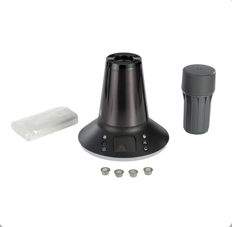 Electric Coffee Grinder with a Conical Grinding Unit Base Controls a Detachable Cap on the Right a Pack of Filter Bags on the Left and Four Metal Filter Cups in Front - Australia E-cigarette Store