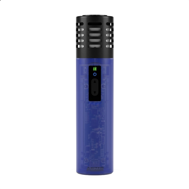 Blue cylindrical Arizer portable vaporizer standing upright with a black perforated mouthpiece and a small display showing battery status and controls on a black panel at the front.